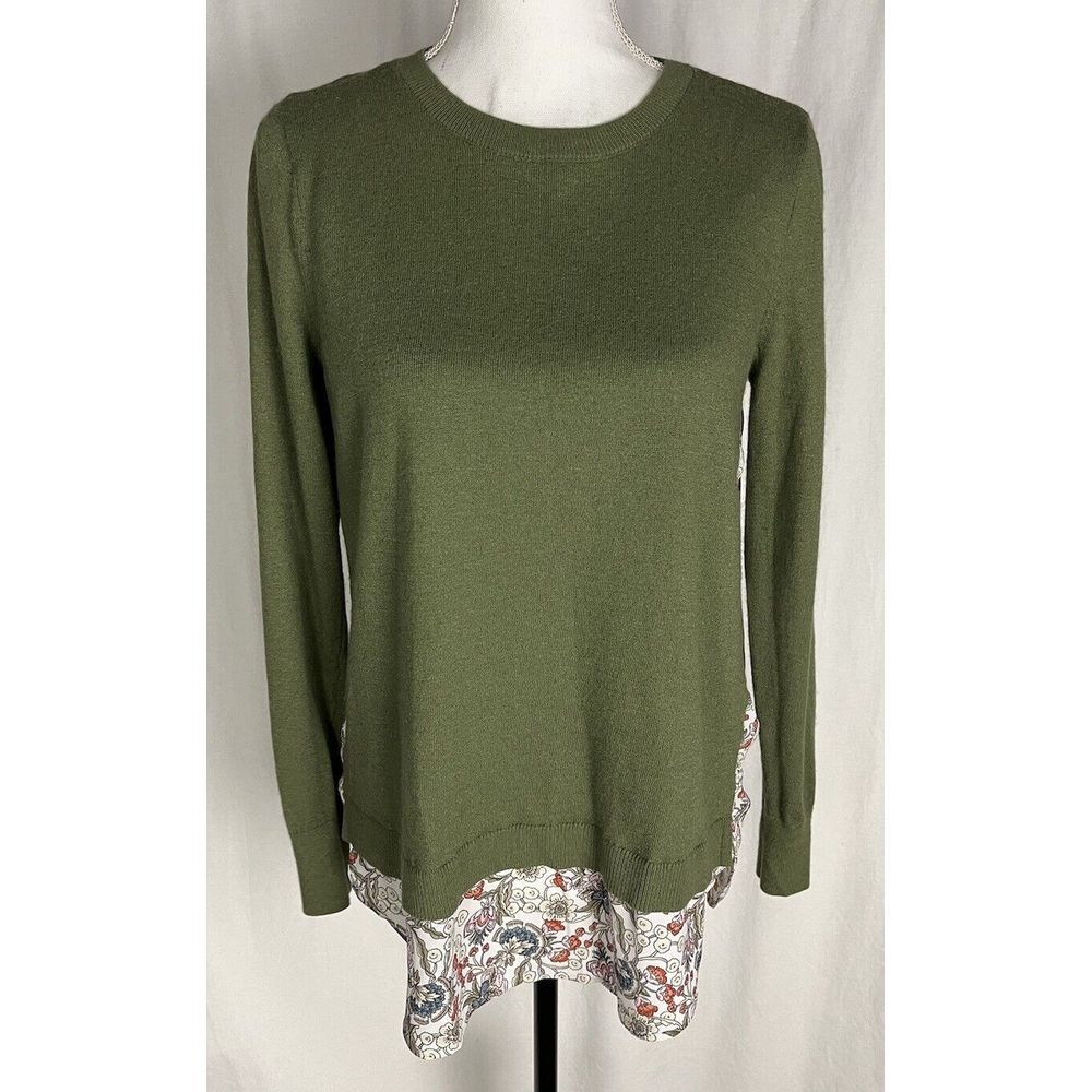 Loft S Green Floral‎ Blouse Womens Knit Pullover Long Sleeve  Polyester Wool